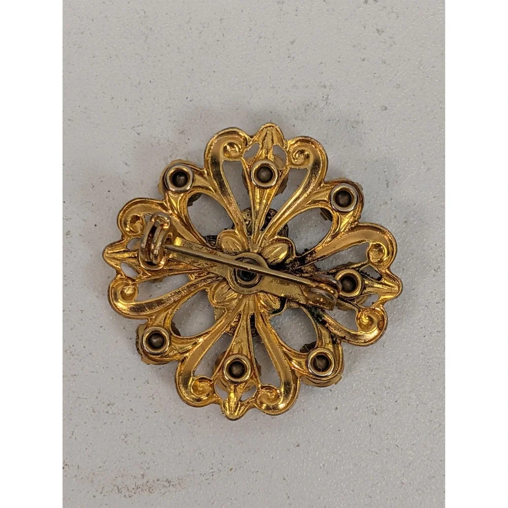 Vintage Religious Brooch Gold Tone Blue Enamel Aurora Borealis Rhinestone Pin